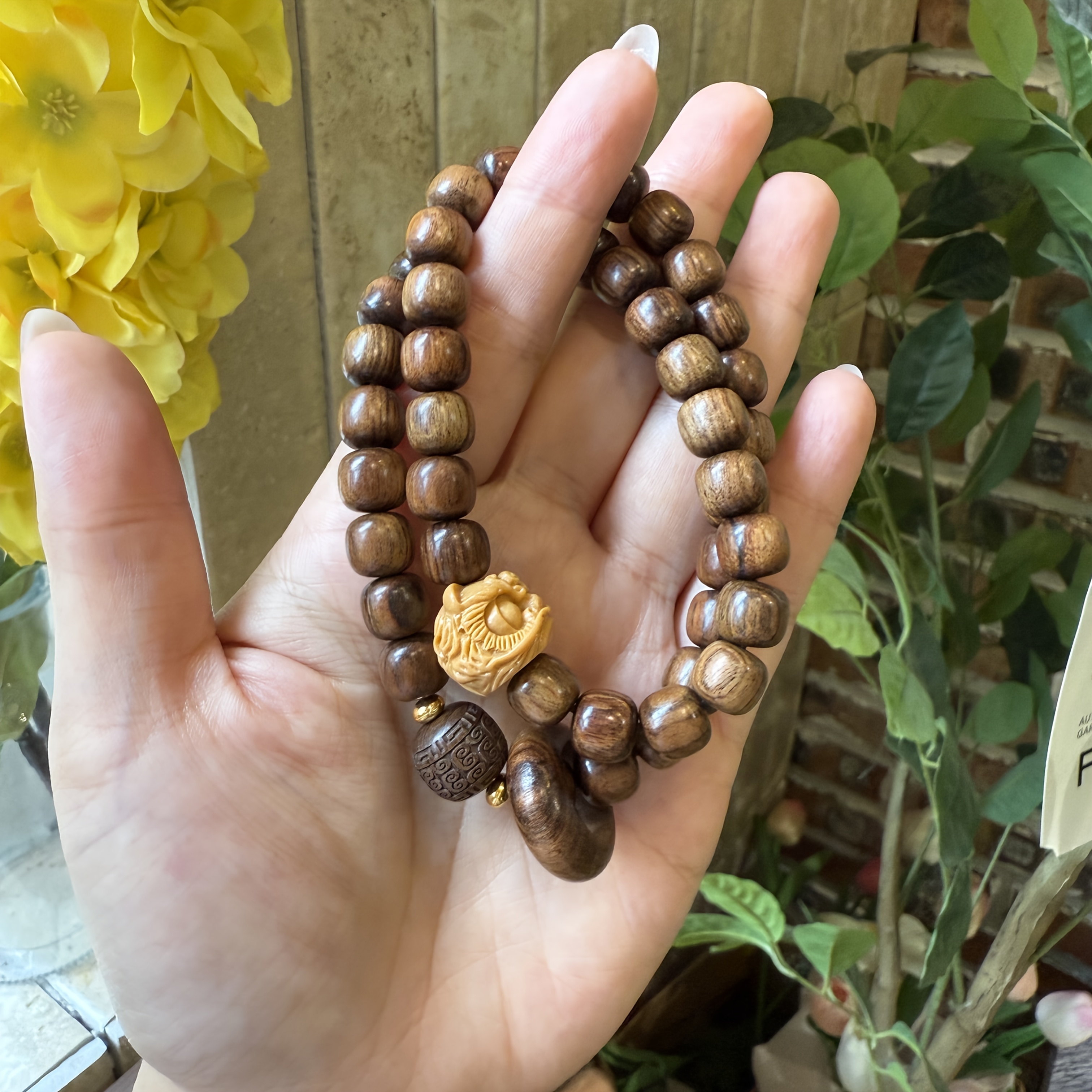 Natural Sandalwood Double Wrap Temple Bracelet with Guardian Lion Charm